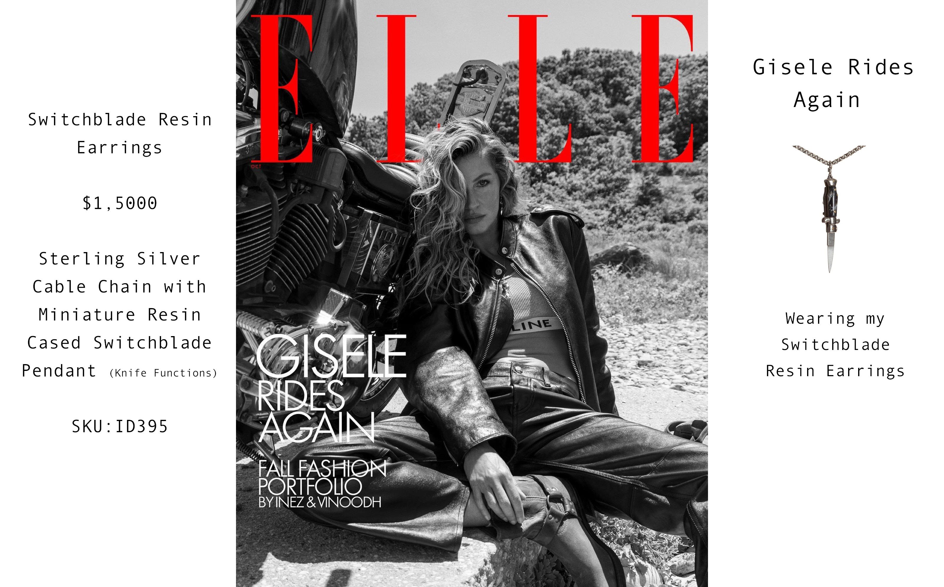 Gisele Bundchen wearing Katherine Wallach Switchbalde Earrings in Elle Magazine