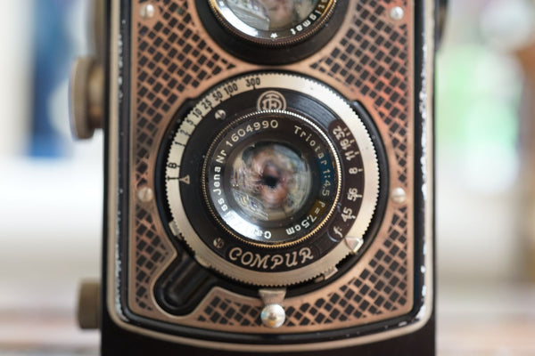 A close-up of the Rolleicord 'Art Deco' camera.