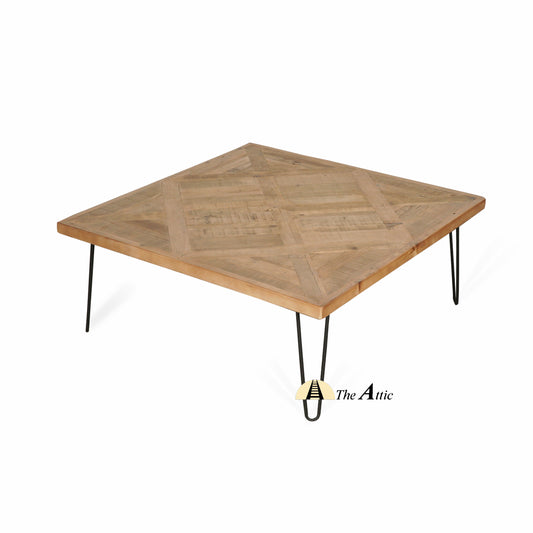 Round Sunburst Parquet Coffee Table with Hairpin Legs - The Attic