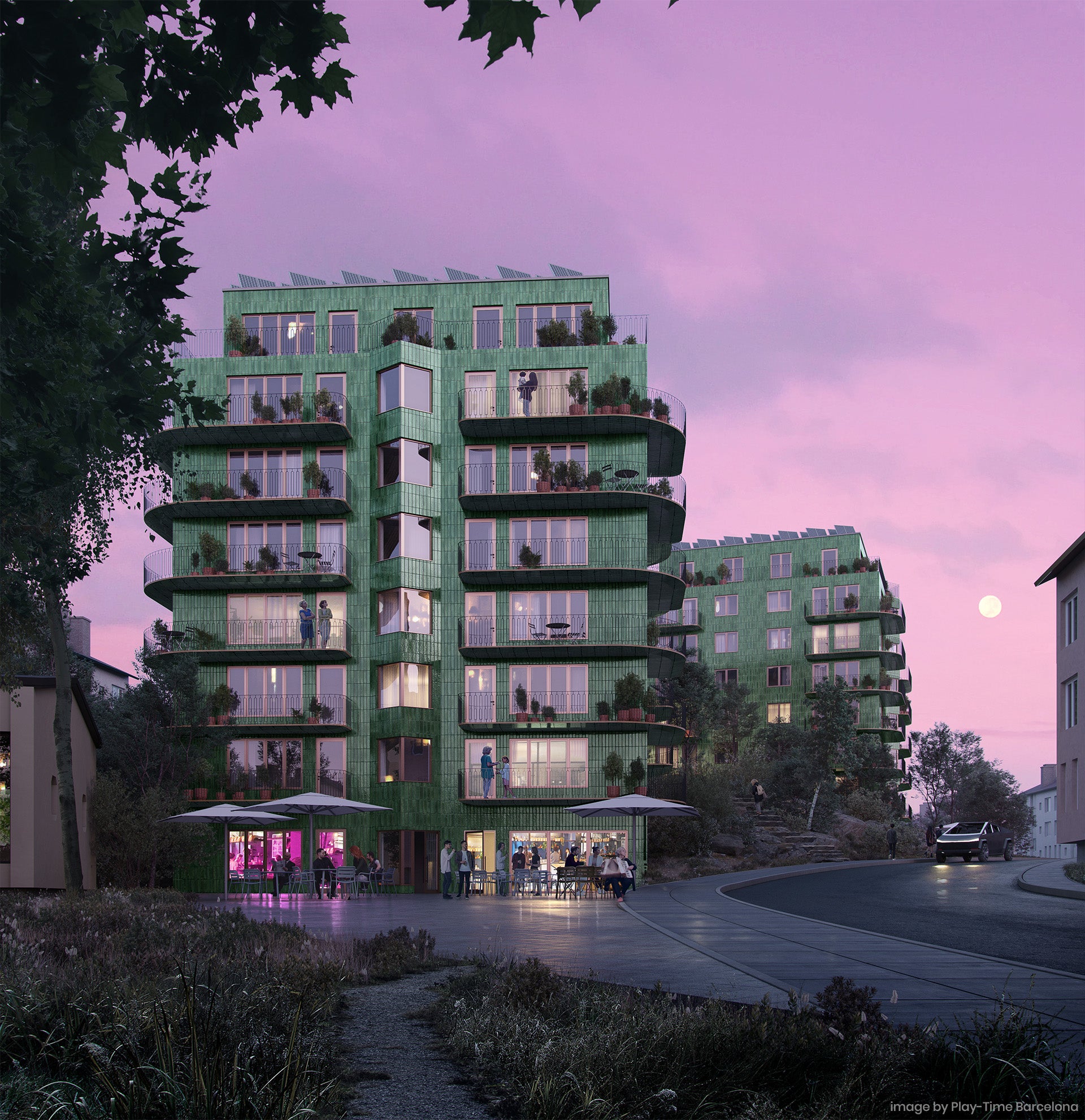 play-time architectural rendering purple sky