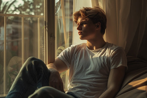 Transgender man in a plain white T-shirt and Levi's jeans, sitting by the window, gazing outside onto the balcony. Positioned using the rule of thirds, the full shot is bathed in cinematic and soft lighting, casting a cool tone over the scene. The beautiful lighting creates a glow on his face, with ray tracing reflections and shadows adding depth, capturing a moment of contemplation and serenity.