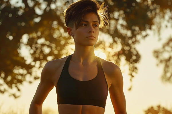 Non-binary androgynous person with a masculine tomboy look, featuring a clean haircut, captured in full body view while jogging in the morning sunshine. They are wearing a black sports bra, with chest binding creating a flattened chest appearance. The image is filled with a warm tone, highlighting the energy and positivity of the moment.