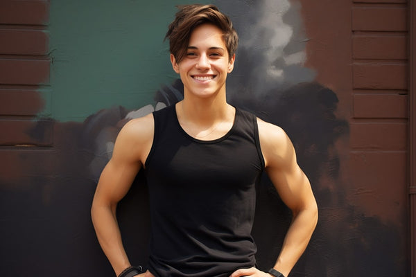 Full-body view of a non-binary individual with an androgynous style. They have a clean haircut and are wearing a black chest binder to flatten their chest, creating a gender-neutral appearance. The person has a warm smile on their face.