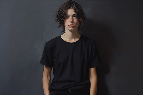 Full-body view of an androgynous tomboy with a clean haircut, wearing a black baggy t-shirt. Their facial expression suggests low confidence and unhappiness.