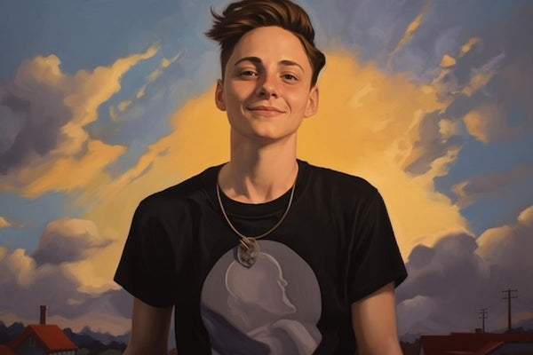 Full-body view of a non-binary individual with an androgynous style. They have a clean haircut and are wearing a black chest binder to flatten their chest, creating a gender-neutral appearance. The person has a warm smile on their face.
