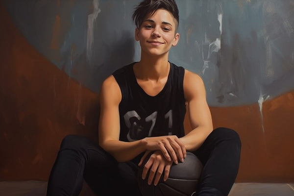 Full-body view of a non-binary individual with an androgynous style. They have a clean haircut and are wearing a black chest binder to flatten their chest, creating a gender-neutral appearance. The person has a warm smile on their face.