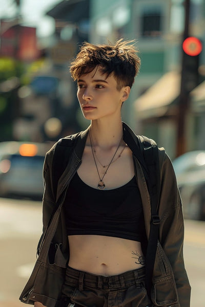 Non-binary androgynous individual with a masculine tomboy look, featuring a clean haircut and a full body view, engaging in their daily routine. They are wearing a black sports bra, emphasizing a chest-binding technique for a flattened chest appearance, embodying confidence and ease.