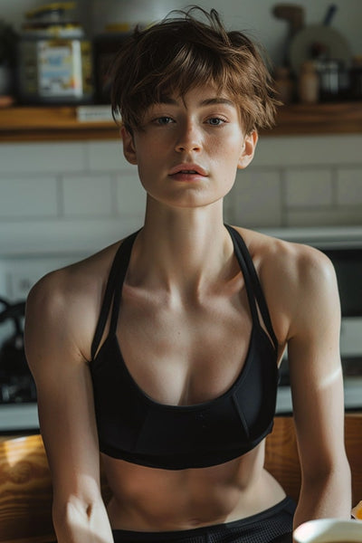Non-binary androgynous person with a masculine tomboy aesthetic, captured in full body view during their daily routine of having breakfast. They exhibit a clean haircut and a chest-binding technique for a flattened chest appearance, dressed in a black working out sports bra, showcasing a moment of personal care and preparation for the day ahead.