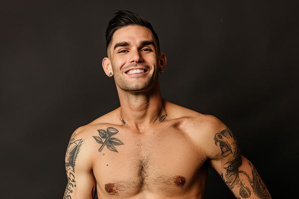 Masculine transgender man standing with confidence and pride, captured in a full body, wide angle view. His happy face is the focal point of an image rich in high details, emphasizing his joy and self-assurance.