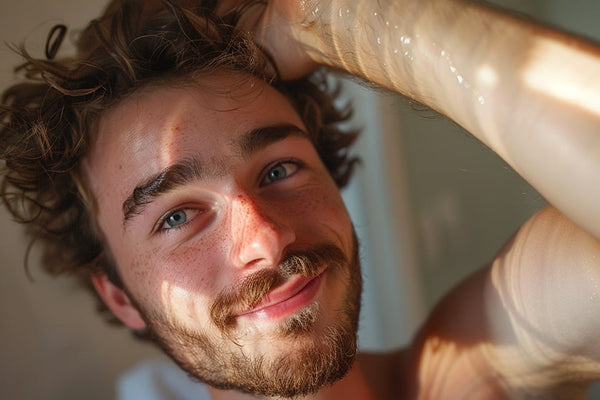 Masculine transgender man standing with confidence and pride, captured in a full body, wide angle view. His happy face is the focal point of an image rich in high details, emphasizing his joy and self-assurance.