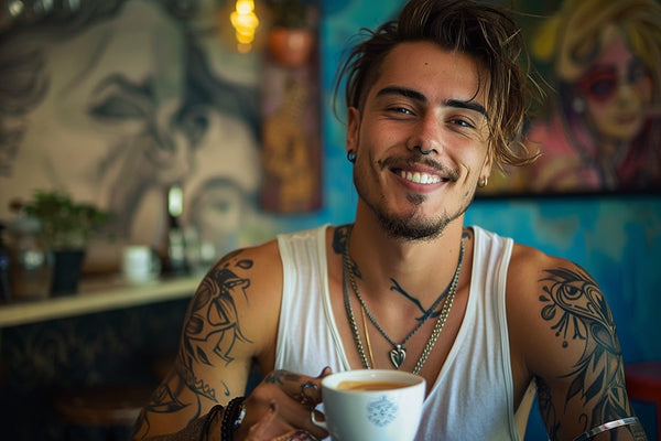 Masculine transgender man, exuding confidence and pride, engaged in his daily routine of drinking coffee. His happy face reflects a moment of contentment and satisfaction, capturing a personal ritual of joy and self-assurance.