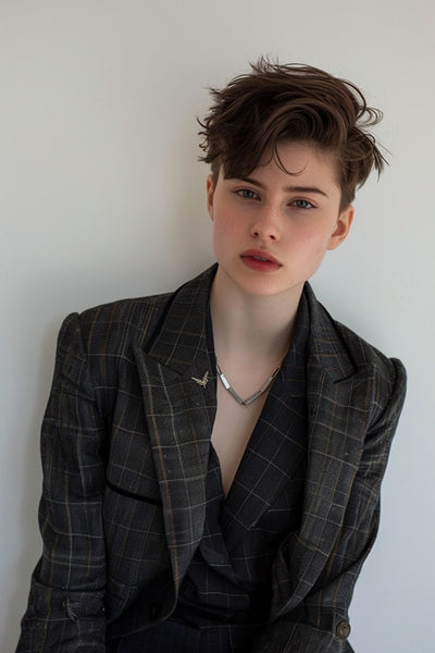 Non-binary androgynous person with a masculine tomboy aesthetic, showcasing a clean haircut and full body view. They're engaging in their daily routine, wearing a smart casual suit over a chest binder that creates a flattened chest appearance, embodying confidence and professionalism.