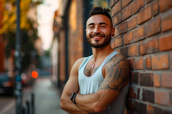 a masculine transgender man from the trans man community, captured in a full-body, wide-angle view on the vibrant streets of New York. Each individual exudes confidence and pride, their happy faces reflecting a strong sense of community and belonging. The scene, rich in diversity and joy, embodies the spirit of unity and resilience within the transgender community, set against the dynamic backdrop of urban life.