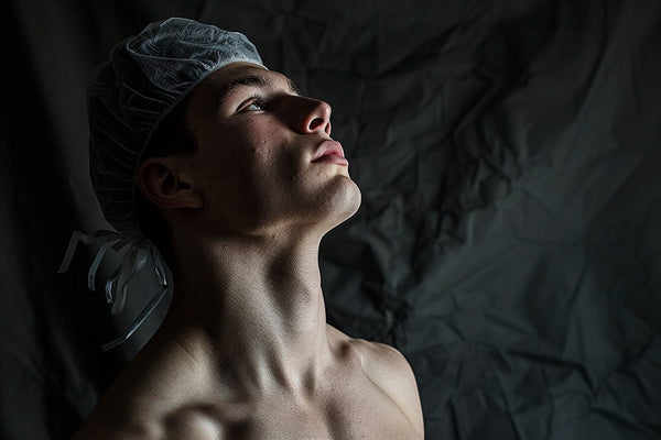 Transgender man post-top surgery, revealing a chest free of previous contours, marking a pivotal moment in his transition journey. This image captures both the physical transformation and the profound sense of fulfillment and liberation experienced, embodying a significant step towards aligning his outer appearance with his gender identity.