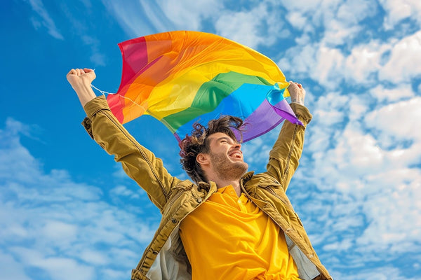 a joyful trans man raising a rainbow flag high in the sky, symbolizing pride and happiness in his journey.