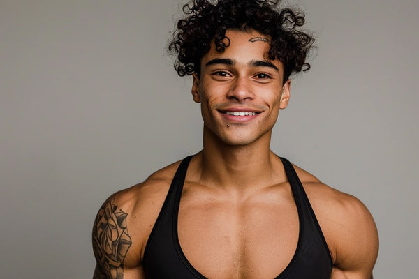Masculine trans man from a vibrant and diverse community, each expressing happiness and exuding confidence with proud stances. Wearing black chest binders, they showcase the importance of comfort and support in their journeys. This image highlights the solidarity and strength within the trans man community, celebrating their shared experiences and diverse identities.