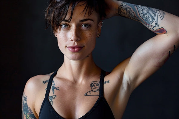 Non-binary androgynous individual with a masculine tomboy style, captured in a full body view. They exhibit a clean haircut and utilize chest binding to achieve a flattened chest appearance. Dressed in a black sports bra, their stance and expression radiate confidence, embodying a strong sense of self-assurance and identity.