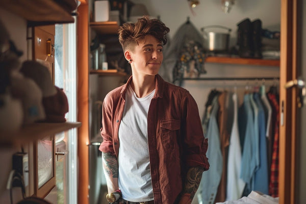 Non-binary androgynous individual with a masculine tomboy style, captured in a full body view. They exhibit a clean haircut and utilize chest binding to achieve a flattened chest appearance. Dressed in a black sports bra, their stance and expression radiate confidence, embodying a strong sense of self-assurance and identity.