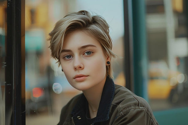 Non-binary androgynous individual with a masculine tomboy style, captured in a full body view. They exhibit a clean haircut and utilize chest binding to achieve a flattened chest appearance. Dressed in a black sports bra, their stance and expression radiate confidence, embodying a strong sense of self-assurance and identity.