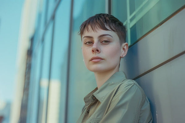 Non-binary androgynous individual with a masculine tomboy style, captured in a full body view. They exhibit a clean haircut and utilize chest binding to achieve a flattened chest appearance. Dressed in a black sports bra, their stance and expression radiate confidence, embodying a strong sense of self-assurance and identity.