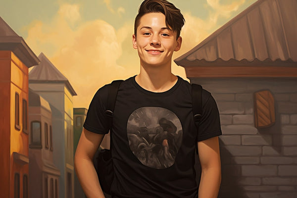 Full-body view of a non-binary individual with an androgynous style. They have a clean haircut and are wearing a black sports bra to flatten their chest, creating a gender-neutral appearance. The person has a warm smile on their face.