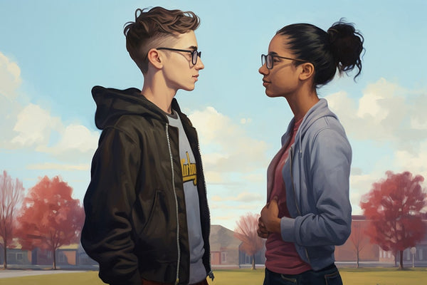 A non-binary transgender teenager engaged in a heartfelt conversation with a friend on a simple campus background. Both individuals wear concerned expressions, focusing on their discussion.