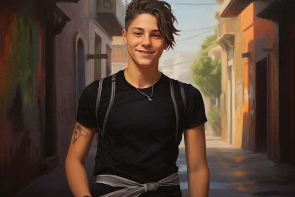 Full-body view of a non-binary individual with an androgynous style. They have a clean haircut and are wearing a black sports bra to flatten their chest, creating a gender-neutral appearance. The person has a warm smile on their face.