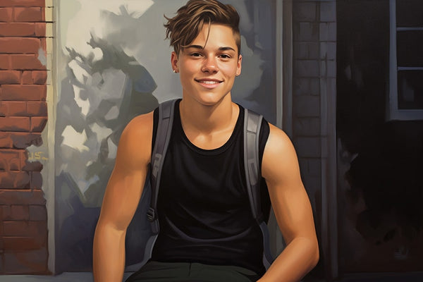 Full-body view of a non-binary individual with an androgynous style. They have a clean haircut and are wearing a black sports bra to flatten their chest, creating a gender-neutral appearance. The person has a warm smile on their face.