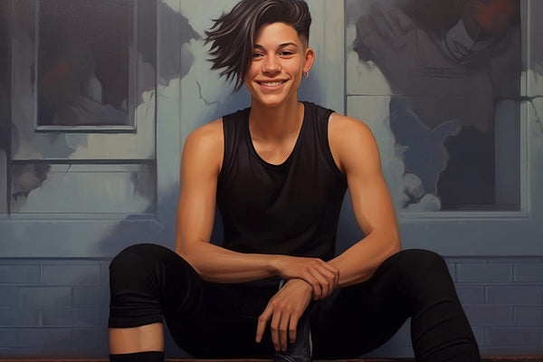 Full-body view of a non-binary individual with an androgynous style. They have a clean haircut and are wearing a black sports bra to flatten their chest, creating a gender-neutral appearance. The person has a warm smile on their face.