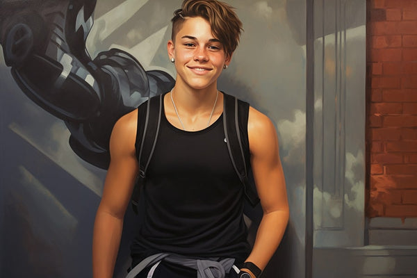 Full-body view of a non-binary individual with an androgynous style. They have a clean haircut and are wearing a black sports bra to flatten their chest, creating a gender-neutral appearance. The person has a warm smile on their face.