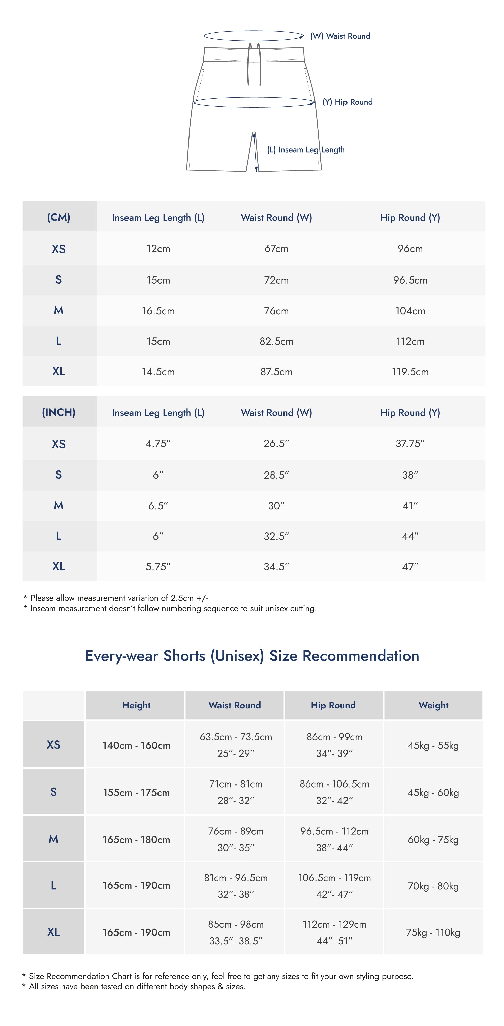 Size Guide, Shorts