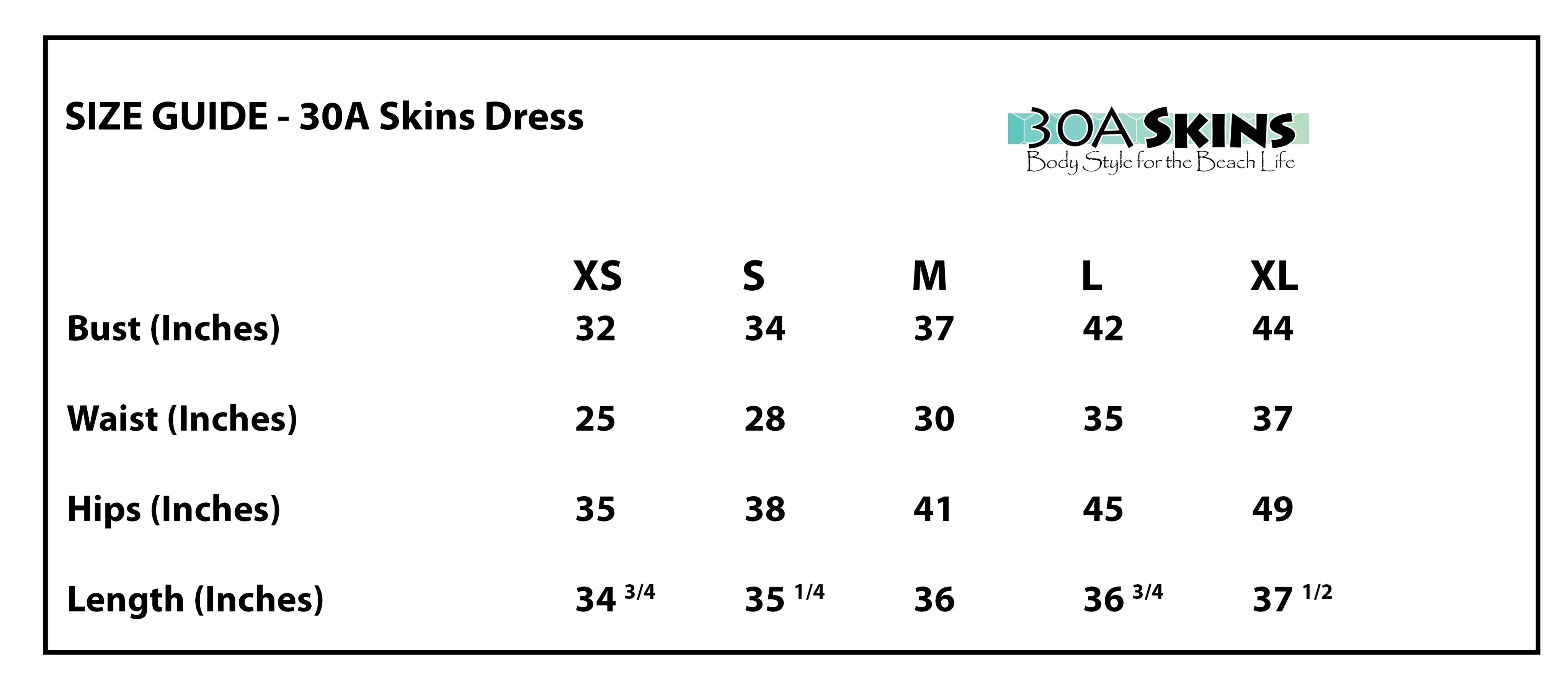 30A skins dress sizing chart