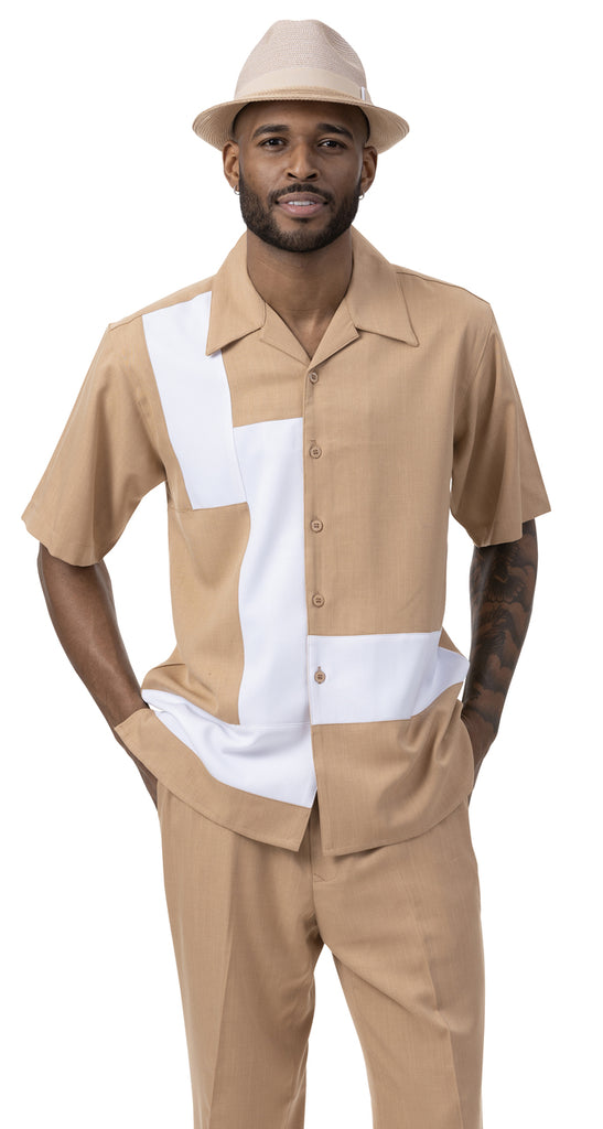 Men's 2 Piece Short Sleeve Walking Suit Tetris Color Block in Tan - 20 ...