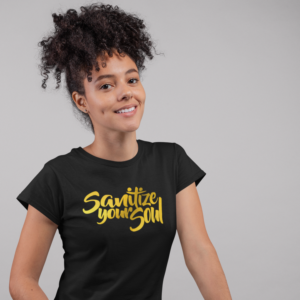 Women S Sanitize Your Soul Gold Foil T Shirt Blue Sun Unlimited Inc