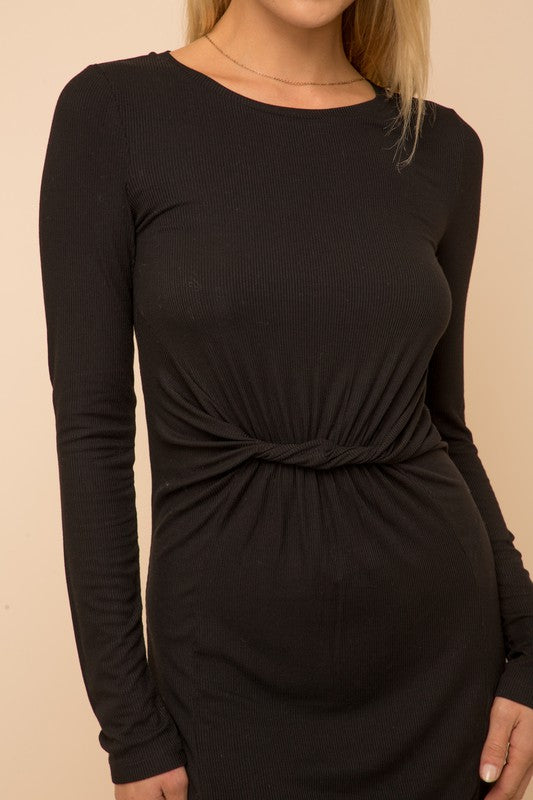 Twist Front Ribbed Long Sleeve Dress
