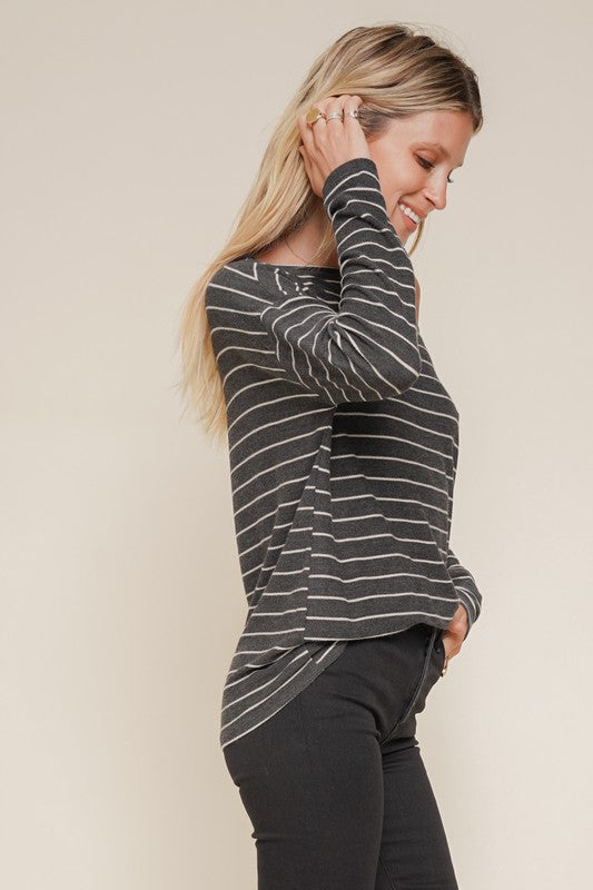 One Shoulder Stripe Knit Top - Charcoal