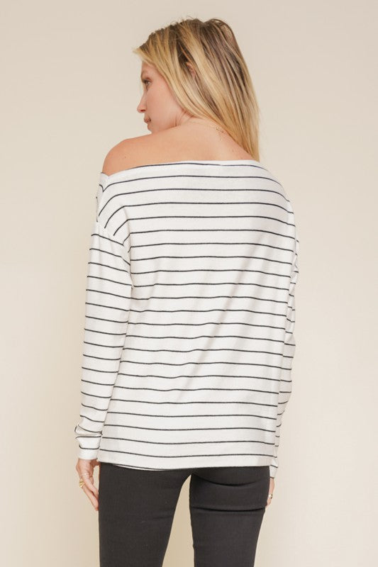 One Shoulder Stripe Knit Top - Iv/Black