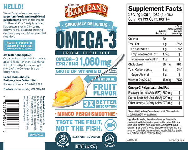 Barleans Omega 3 Fish Oil mango peach smoothie nutrition facts supplement ingredients