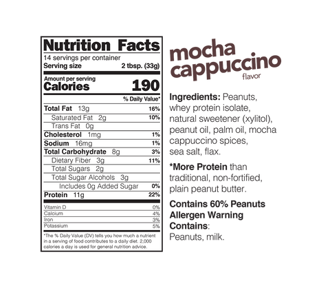 nuts n more high protein peanut spread mocha cappuccino jar nutrition label facts