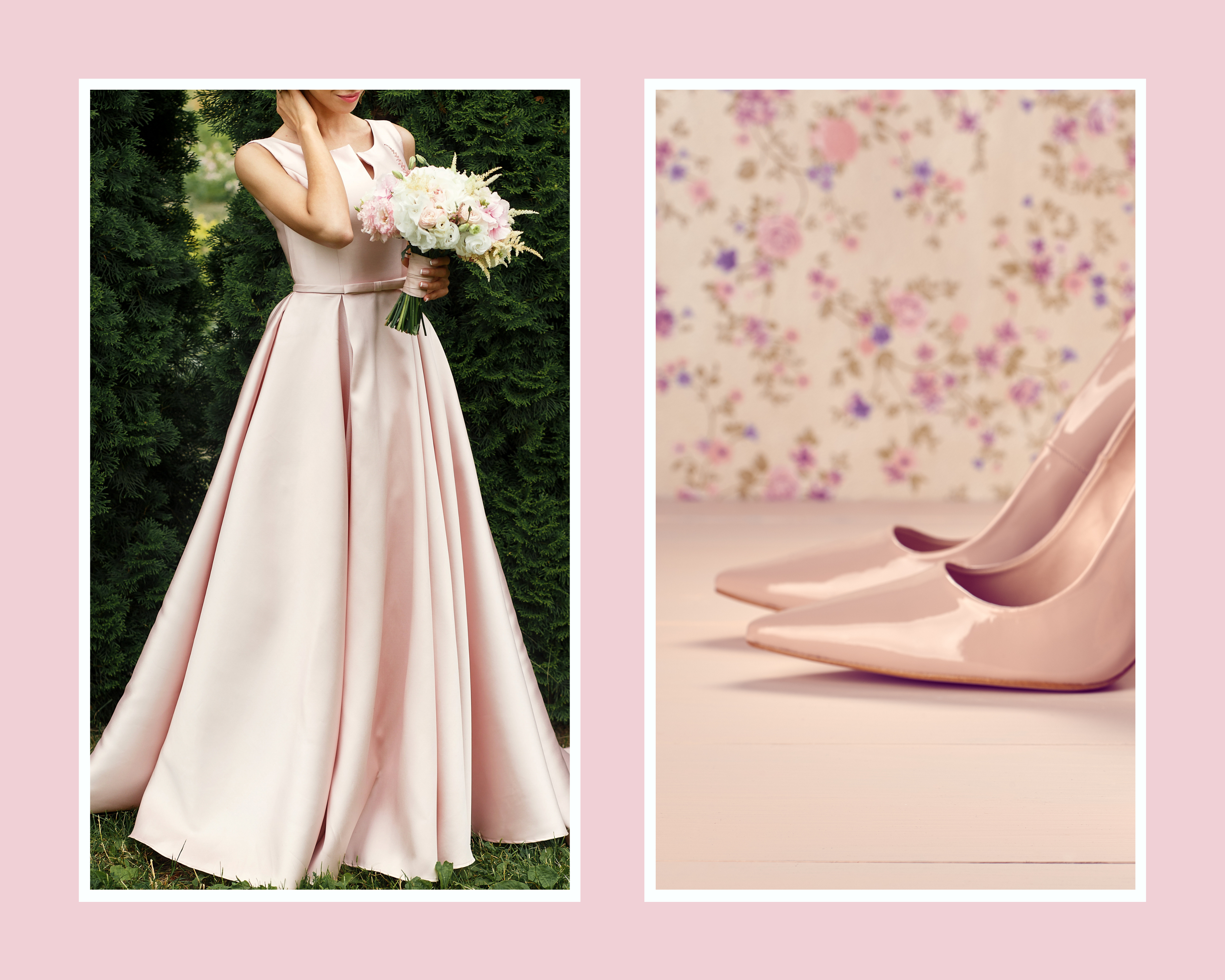 ροζ νυφικό και ροζ νυφικά παπούτσια