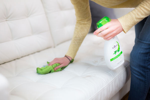 A lady is using the AspenClean all purpose cleaner and cloth kit to clean the sofa