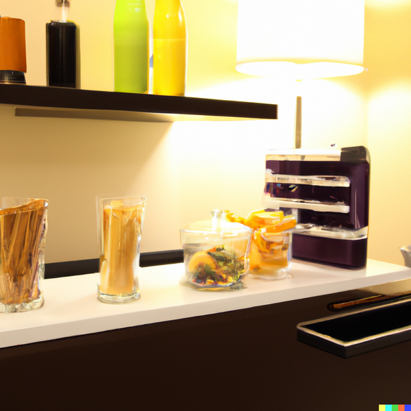 minibar con snacks en la habitación de un hotel