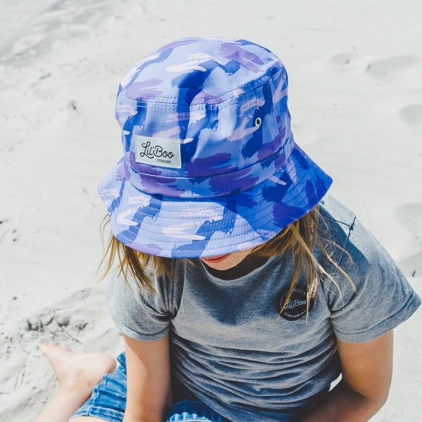 Kids NLU Monogram Bucket Hat - White w/ Navy Ribbon