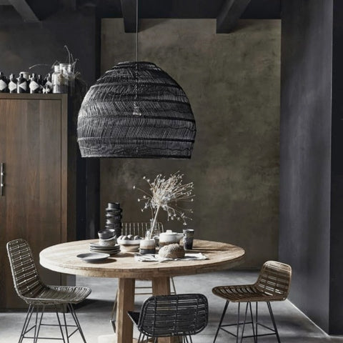Urban dining room with black rattan lamp shade