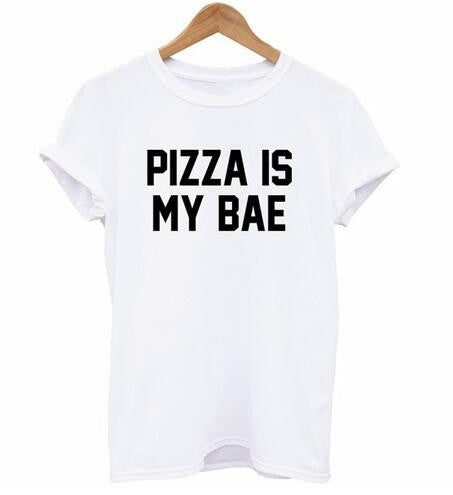 Summer women's top pizza is my bae letters printing t shirt 2015 slim fun sexy white top black tee