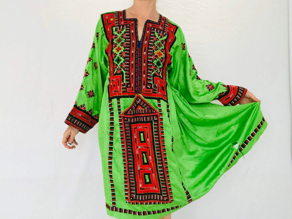 Vintage Traditional Balochi Hand-Embroidered Satin Dress. XS-S