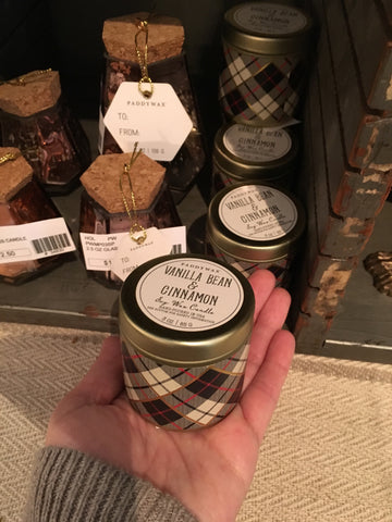 pine candle in plaid container