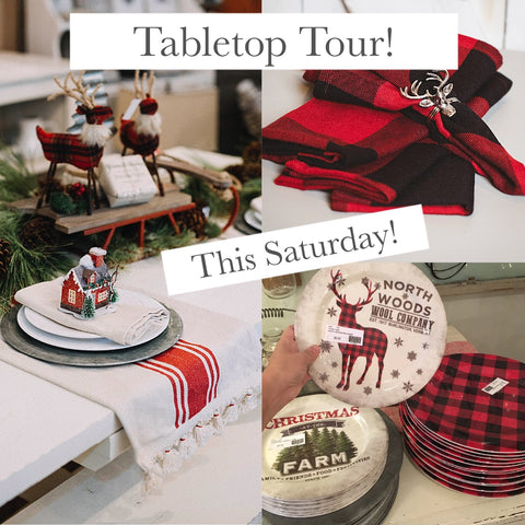 Three photos of holiday table decor in red and white and buffalo check