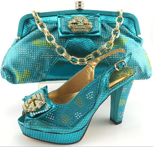 turquoise blue shoes and matching bag