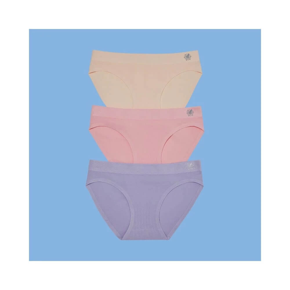 Three pairs of seamless panties, stacked vertically against a light blue background.